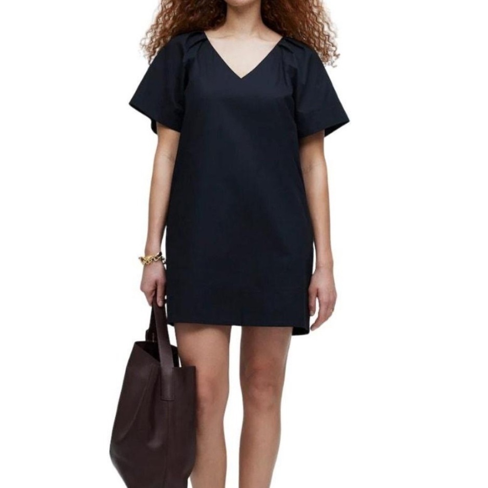 Madewell Black Cotton Mini Shirtdress V Neck Pockets NWT